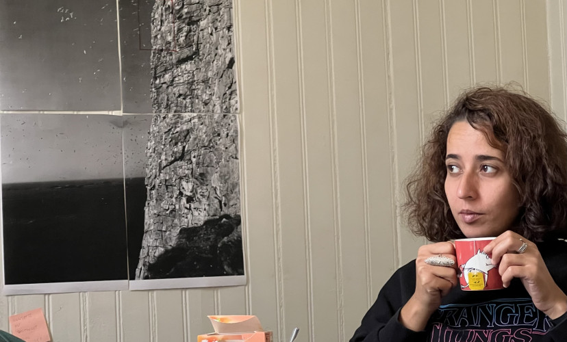 Caption: Myriam Amroun at the kitchen of Tromsø Kunstforening’s back office, Tromsø, Norway. August 2023. Photo: Natasha Marie Llorens 