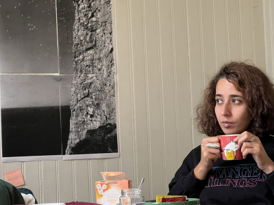 Caption: Myriam Amroun at the kitchen of Tromsø Kunstforening’s back office, Tromsø, Norway. August 2023. Photo: Natasha Marie Llorens 